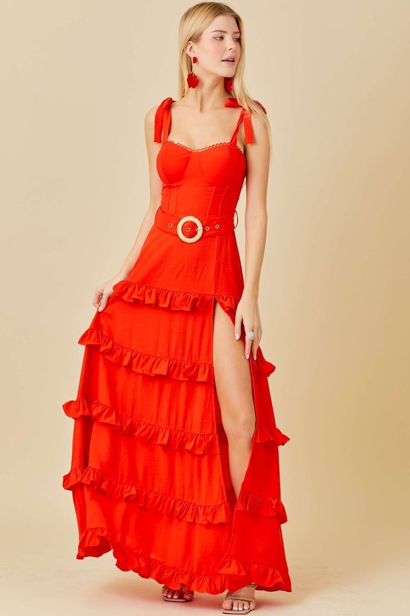 Summer Belt Ruffle Maxi Dress