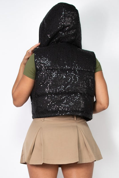 Sequin Hoodie Puffer Crop Vest