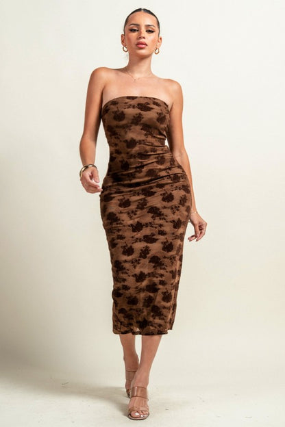 MESH VLEVET FLOCKING MIDI DRESS