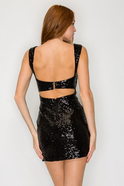 SEQUIN SQUARE NECK RUCHED MINI DRESS