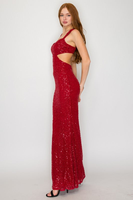 BEADED SEQUIN MAXI COCKTAIL DRESS WITH SIDE CUT-OUTS
