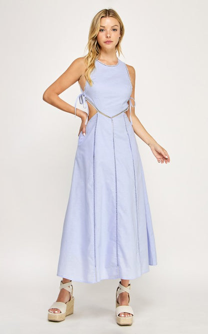 SIDE CUTOUT TIE FINISH LACE TRIM MAXI DRESS