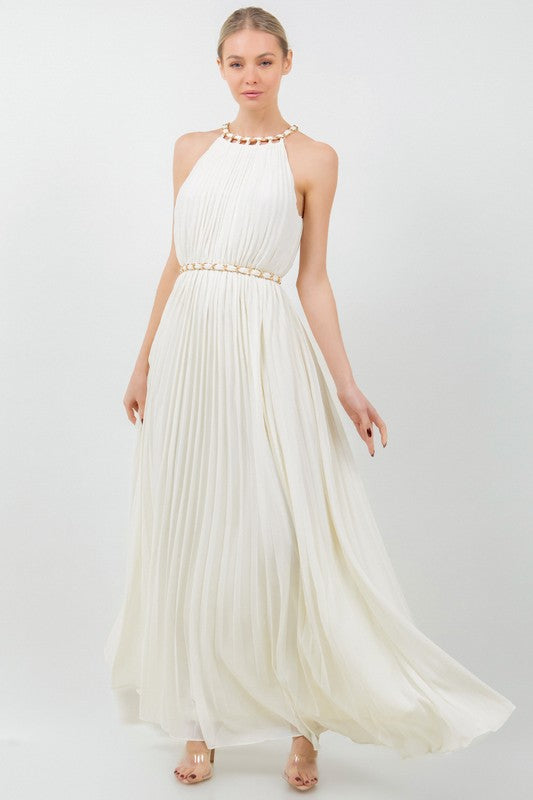 SOLID SLEEVELESS CHAIN HALTER NECK W CHAIN BELT PLEATED MAXI DRESS