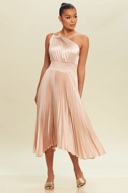 OFF SHOULDER PLEATED MIDI DRESS