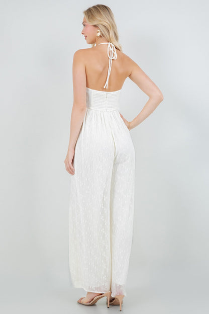 SOLID FRONT TIE HALTERED JUMPSUIT