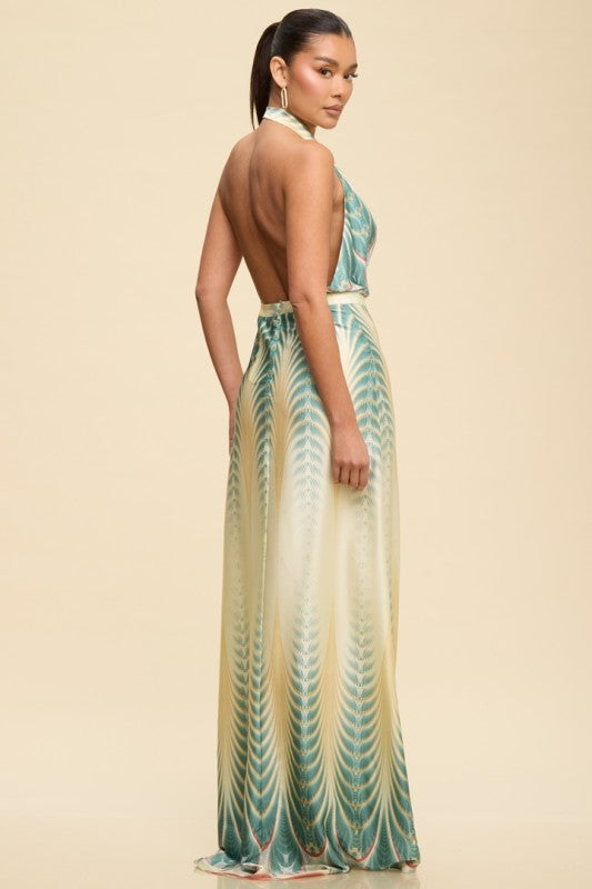 HALTER SATIN PRINTED MAXI SUMMER DRESS