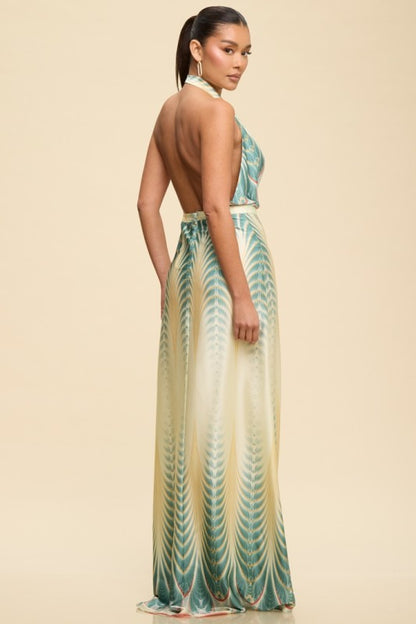 HALTER SATIN PRINTED MAXI SUMMER DRESS