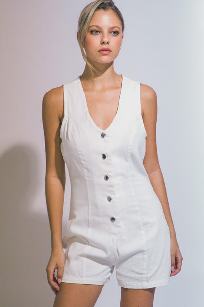 V NECK BUTTON DOWN DENIM ROMPER