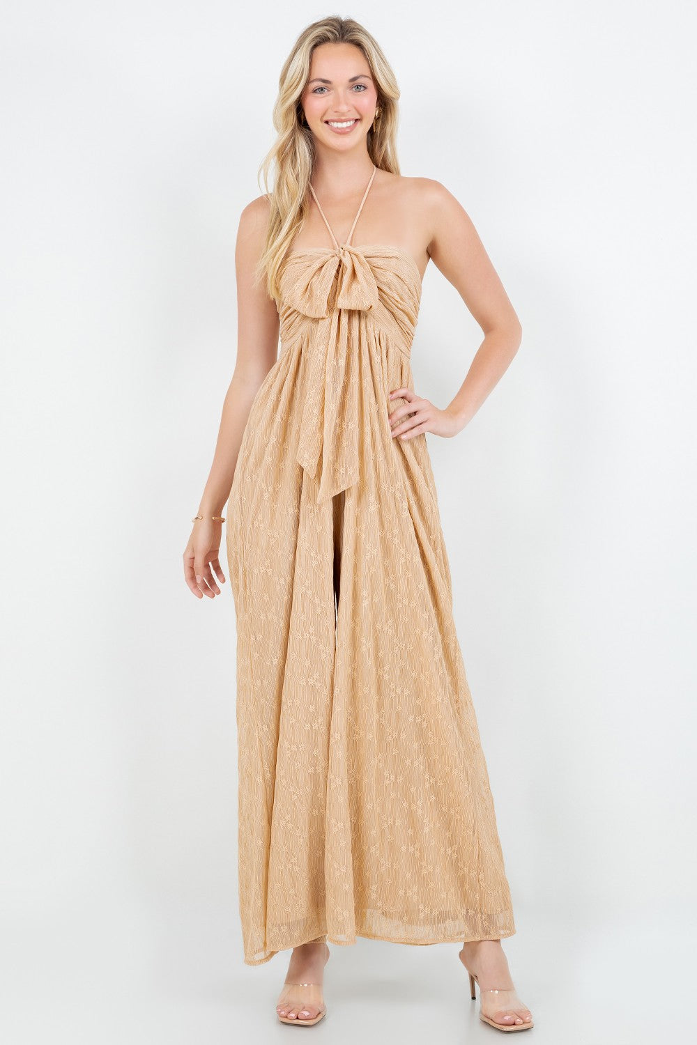 SOLID FRONT TIE HALTERED JUMPSUIT