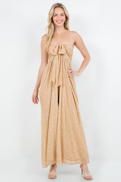 SOLID FRONT TIE HALTERED JUMPSUIT