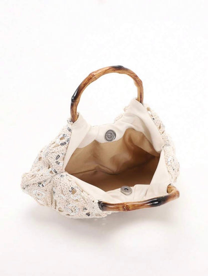 PVC SEQUINS PLEATED CLOUD MESH EMBROIDERED CLUTCH BAG