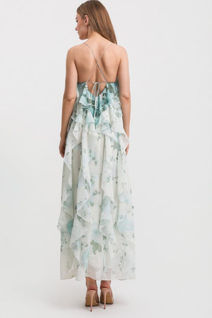 FLOWER PRINT SPAGHETTI STRAP OPEN BACK RUFFLE MAXI DRESS