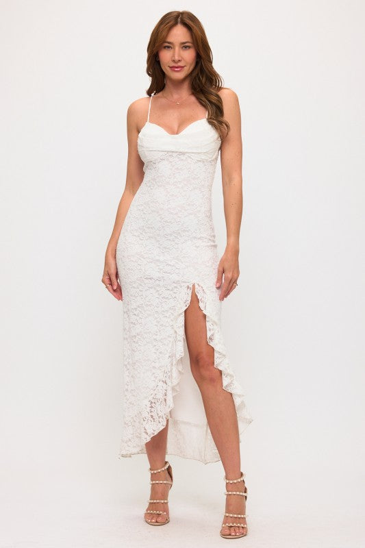 LACE PLEATED BUST RUFFLE SLIT MAXI DRESS