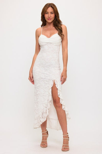 LACE PLEATED BUST RUFFLE SLIT MAXI DRESS