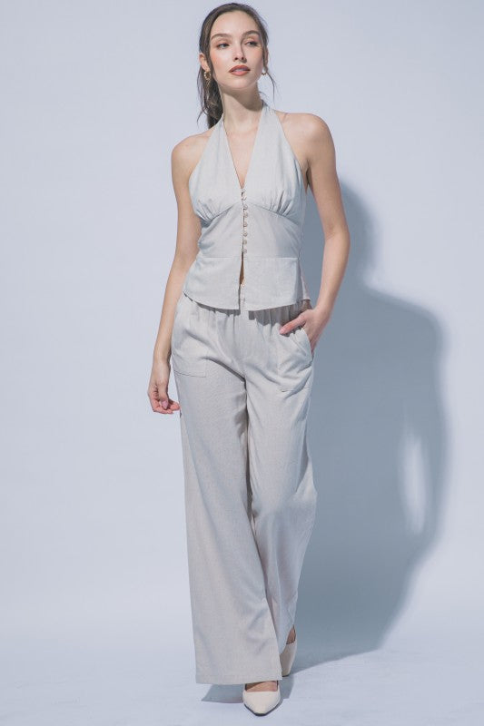 HALTER NECK LINEN TIE FRONT VEST PANTS SET