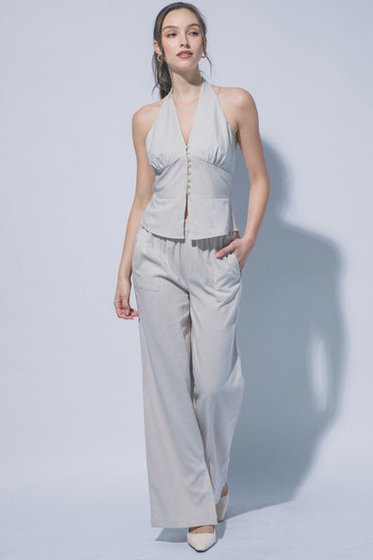 HALTER NECK LINEN TIE FRONT VEST PANTS SET