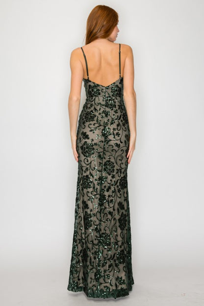 FLORAL SEQUIN CORSET MAXI COCKTAIL DRESS