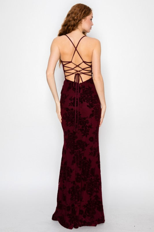VELOUR FLORAL MERMAID MAXI PARTY DRESS