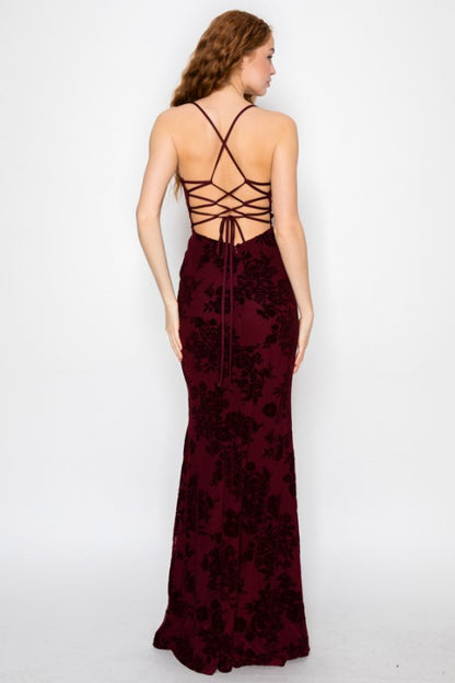 VELOUR FLORAL MERMAID MAXI PARTY DRESS