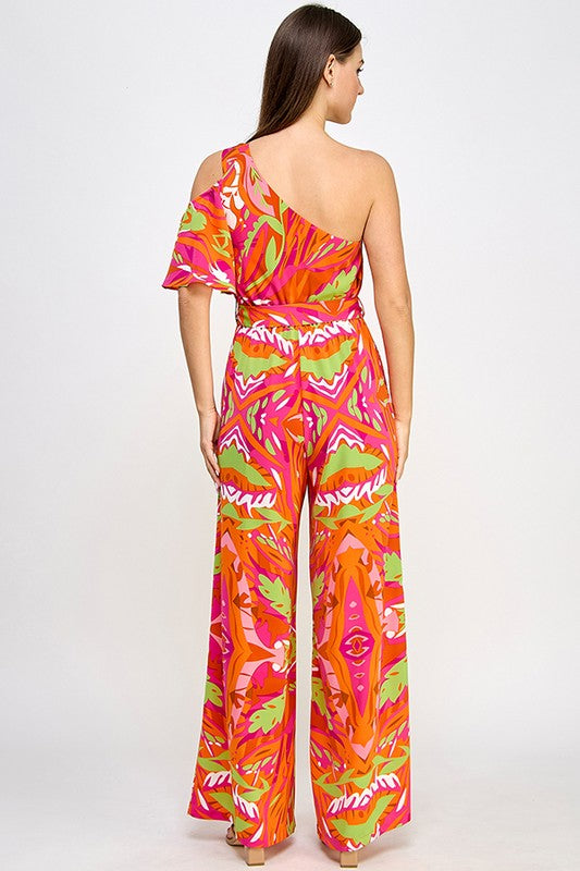 PRINTED ONE SHOULDER FLUTTER SLEEVE JUMPSUIT WITH SHOULDER TRIM