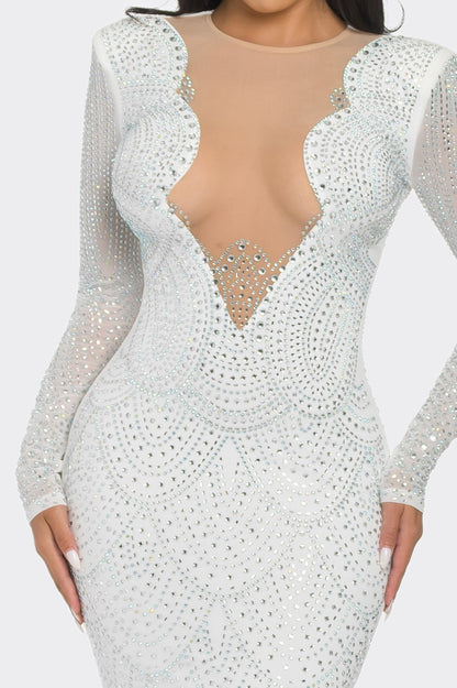 RHINESTONE EMBELLISHED LONG SLEEVE MAXI Cocktail DRESS