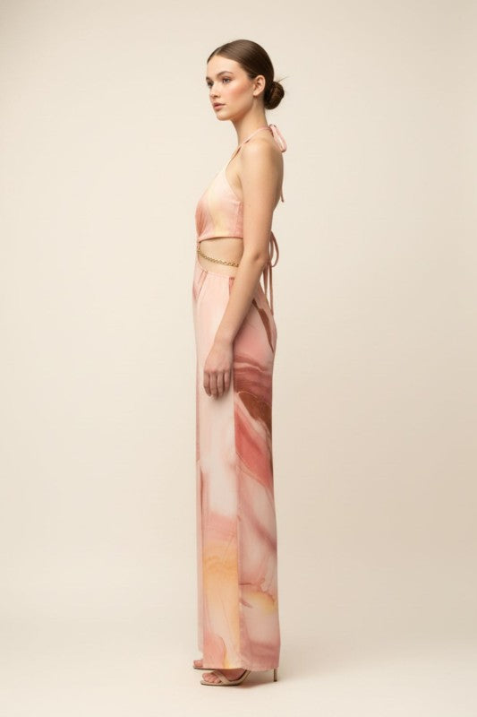MARBLE PRINT HALTER NECK CUT OUT JUMPSUIT