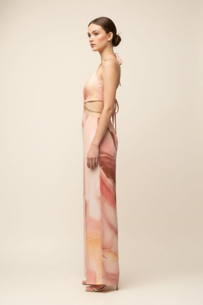 MARBLE PRINT HALTER NECK CUT OUT JUMPSUIT