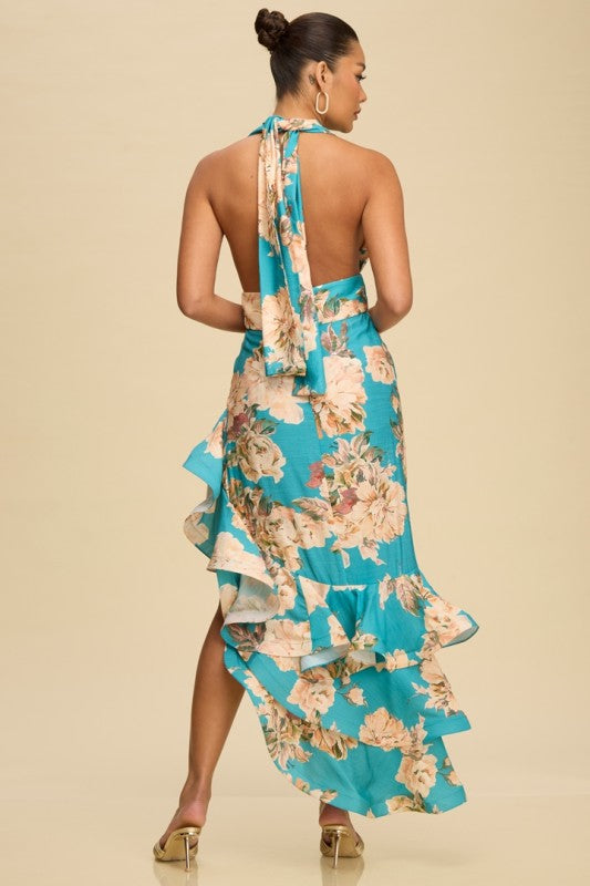 VINTAGE HALTER RUFFLE TIERED PRINTED DRESS