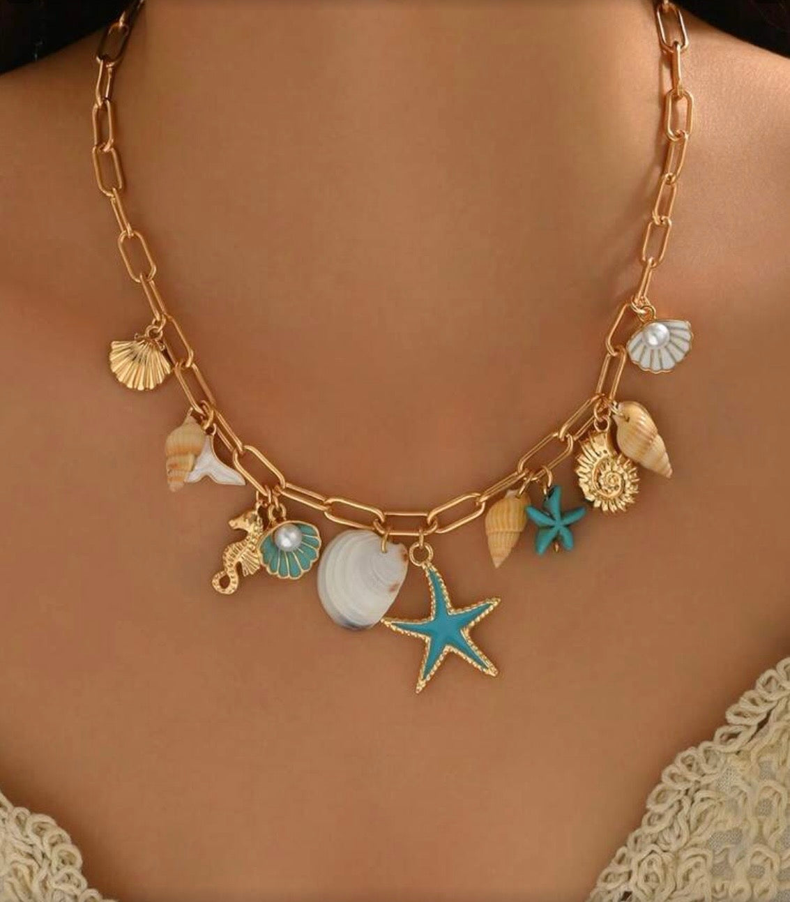 OCEAN STYLE PENDANT NECKLACE WITH SEA CHARMS & EARRINGS SET