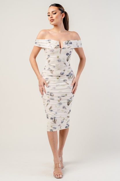 MESH FLORAL OFF SHOULDER MIDI DRESS