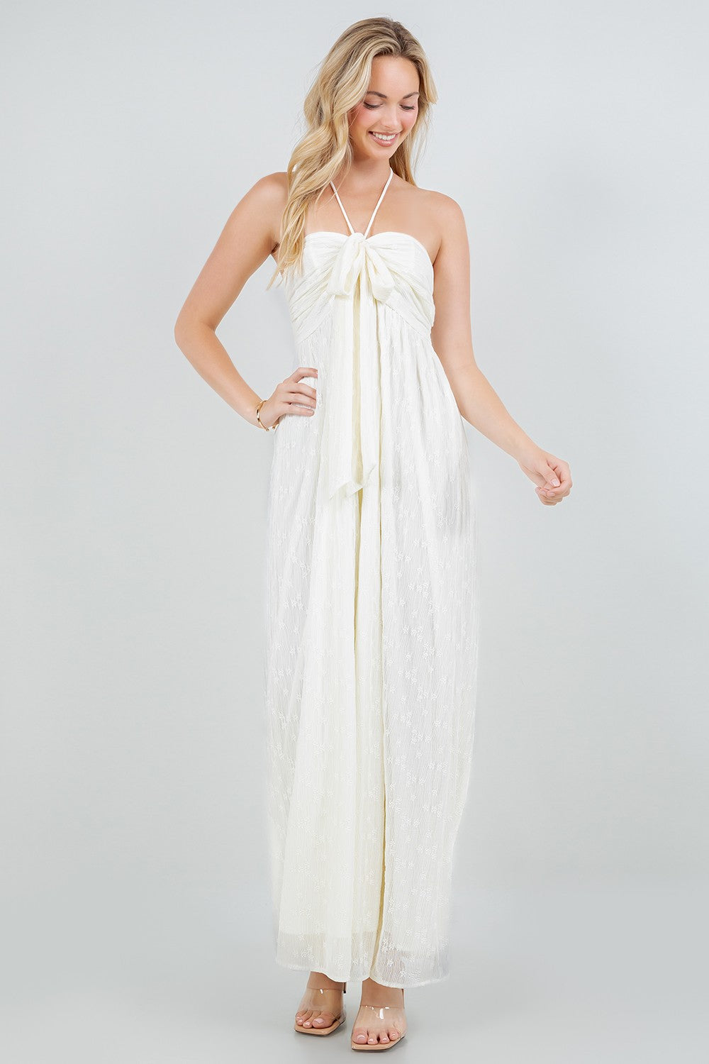 SOLID FRONT TIE HALTERED JUMPSUIT