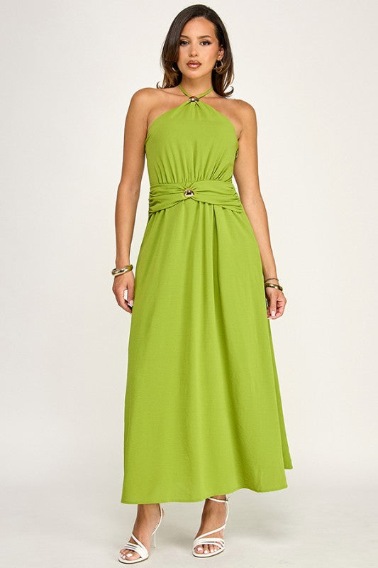 HALTER NECK MAXI DRESS WITH GOLD METAL TRIMS