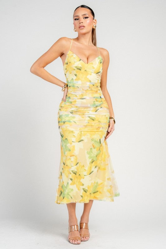 FLORAL MESH PRINT SPAGHETTI STRAP MIDI DRESS