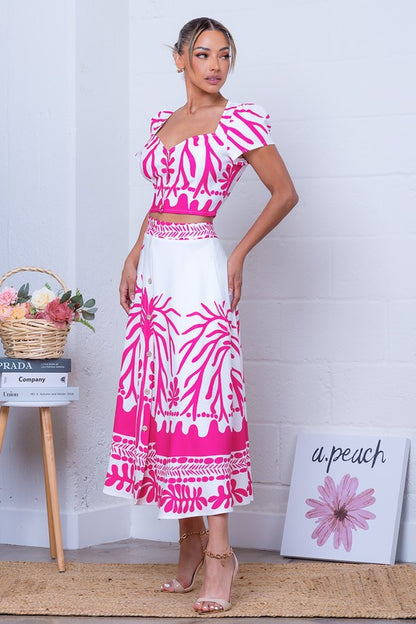 PRINTED SHORT SLEEVES BLOUSE AND MIDI SKIRT SET