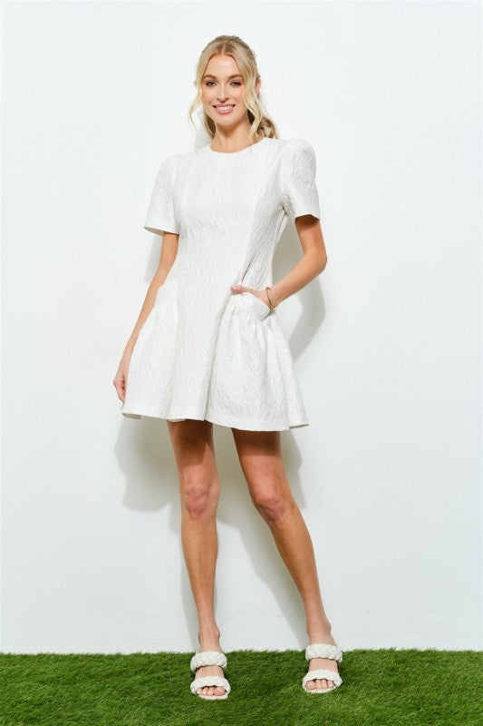 FLORAL JACQUARD FLARE MINI DRESS