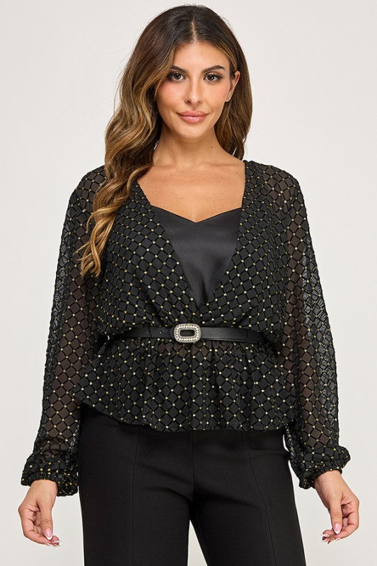 LONG SLEEVES MESH TOP WITH BELT