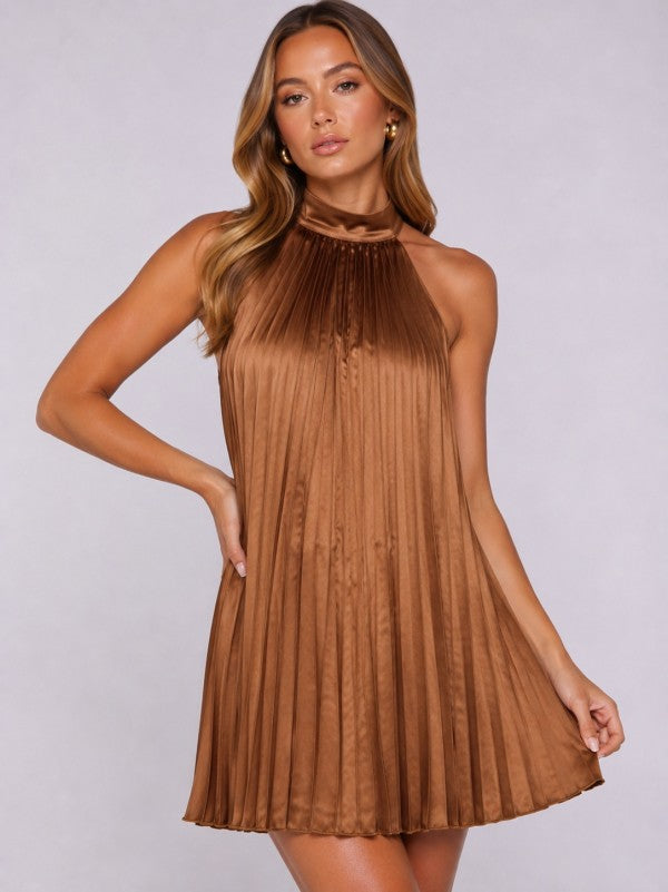 PLEATED HALTER NECK BOW DETAIL MINI DRESS