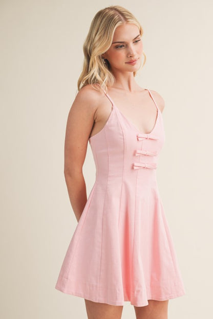 SEAMED BODICE TRIPLE BOW MINI DRESS