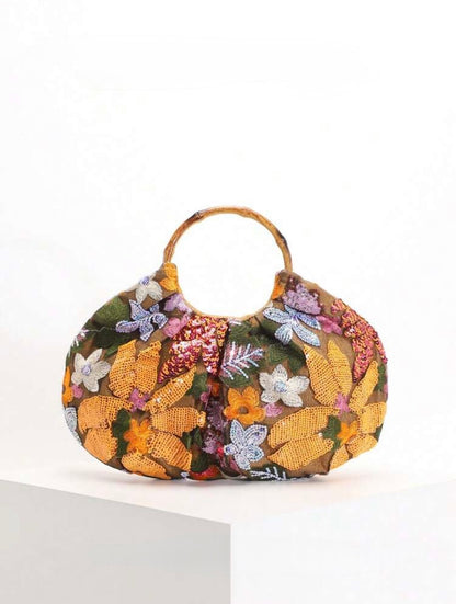 PVC SEQUINS PLEATED CLOUD MESH EMBROIDERED CLUTCH BAG