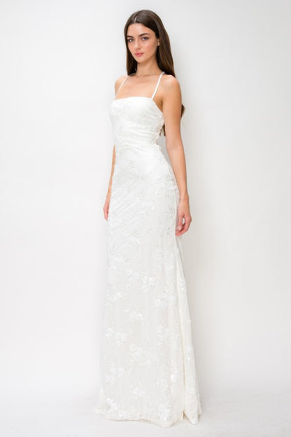 FLORAL SEQUIN APPLIQUÉ MAXI COCKTAIL DRESS