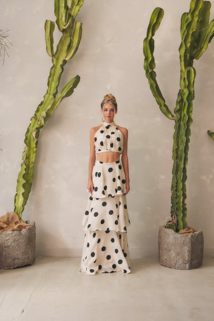 POLKA DOT HALTER NECK TOP & LAYERED MAXI SKIRT SET