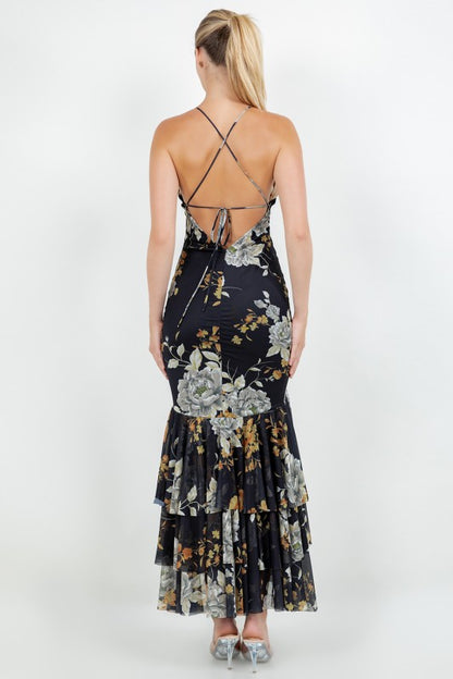 FLORAL CROSS BACK TIERED MAXI DRESS