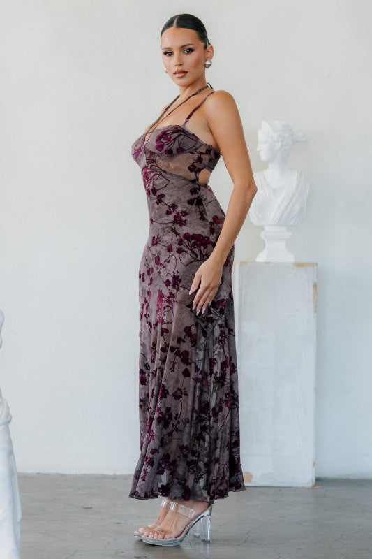 MESH FLOCKING MAXI PRINTED DRESS