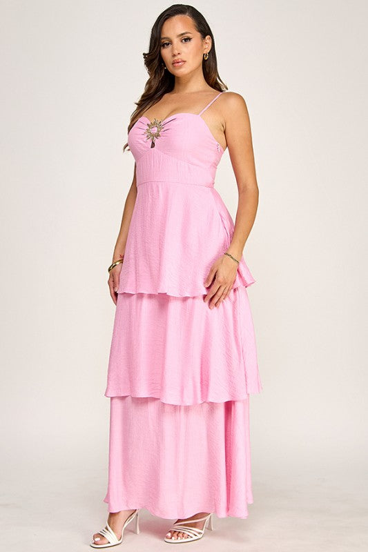 ADJUSTABLE STRAP TIERED MAXI DRESS W GOLD METAL TRIM