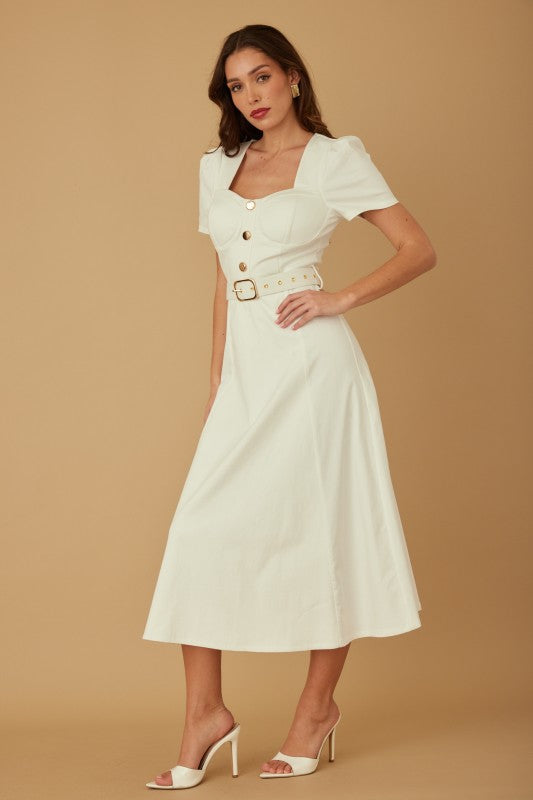 DENIM PUFF SHOULDER MIDI DRESS