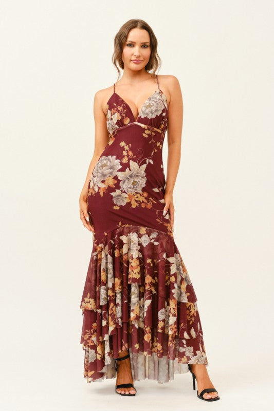 FLORAL CROSS BACK TIERED MAXI DRESS