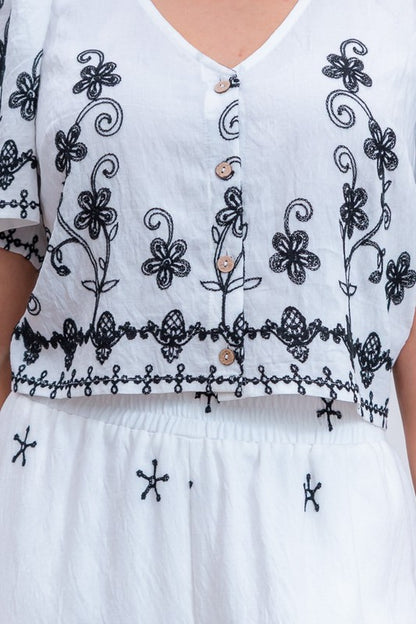 BUTTON UP EMBROIDERED TOP AMD PANTS SET