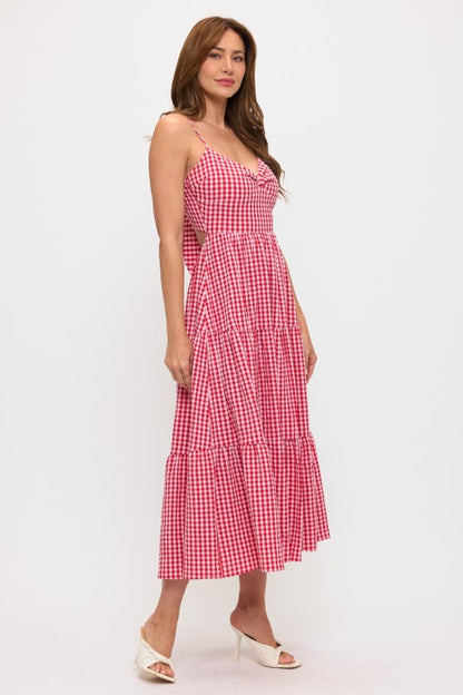 GINGHAM BOW BUST BACK TIE POPLIN MAXI DRESS