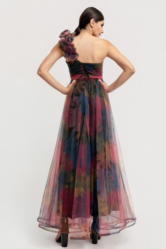 ONE SHOULDER BACK LACE UP FLORAL MESH DRESS