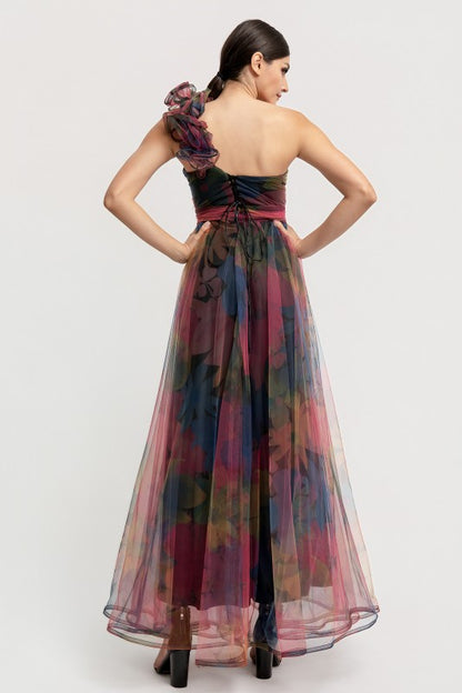 ONE SHOULDER BACK LACE UP FLORAL MESH DRESS